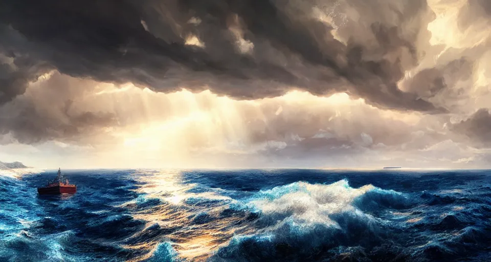 Prompt: ship at sea, big waves, blue skies, voluminous clouds, dramatic lighting, sunshine rays, deep colors, masterpiece, amazing, beautiful, light bloom, photo - realistic, hyperdetailed, hyperrealistic, photography, 8 k resolution, behance hd, trending in artstation