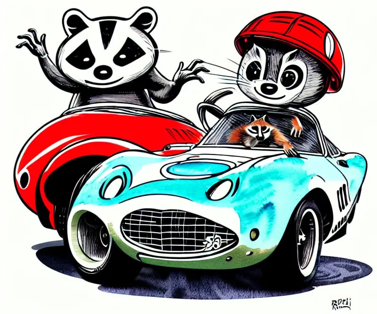 Prompt: cute and funny, racoon wearing a helmet riding in a tiny 1 9 6 2 ferrari 2 5 0 gto, ratfink style by ed roth, centered award winning watercolor pen illustration, isometric illustration by chihiro iwasaki, edited by range murata