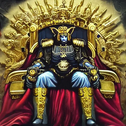 Image similar to Illustration of The Emperor on his Golden Throne. Warhammer 40k