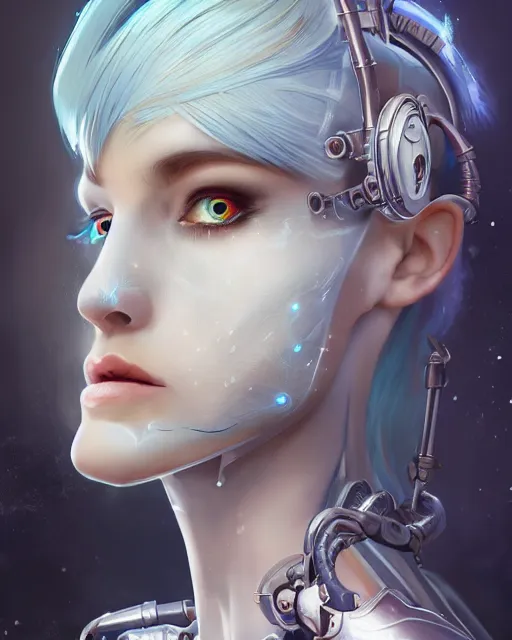 Image similar to holy cyborg necromancer girl, elegant, scifi, futuristic, utopia, garden, atmosphere, white hair, blue eyes, extreme detail, glow, intricate, full of colour, cinematic lighting, trending on artstation, detailed, 4 k, art by martin dubeau