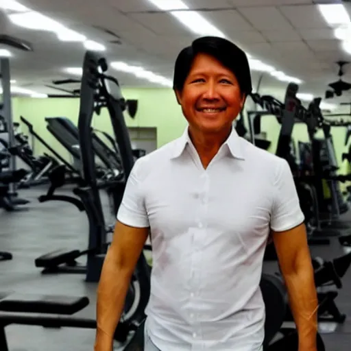 Image similar to bongbong marcos as gigachad flexing at the gym, muscular, on steroids,