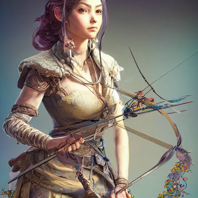 Image similar to the portrait of lawful neutral semi - colorful female archer huntress as absurdly beautiful, gorgeous, elegant, young girl, an ultrafine hyperdetailed illustration by kim jung gi, irakli nadar, intricate linework, bright colors, octopath traveler, final fantasy, unreal engine 5 highly rendered, global illumination, radiant light, detailed and intricate environment