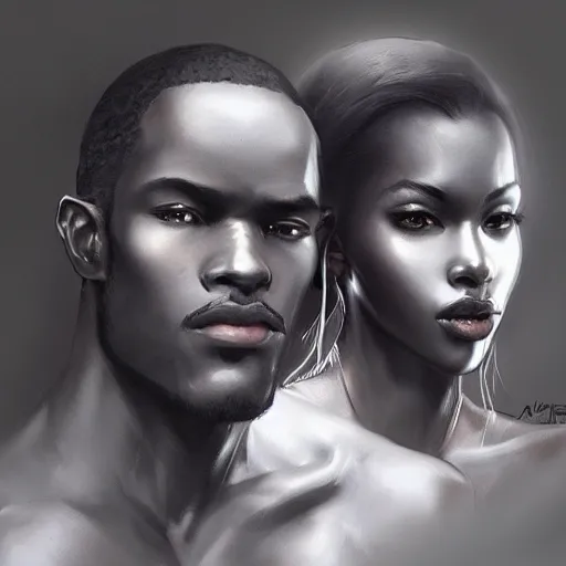 Image similar to beautiful black couple, highly detailed, trending on artstation, by artgerm, yoshitaka amano