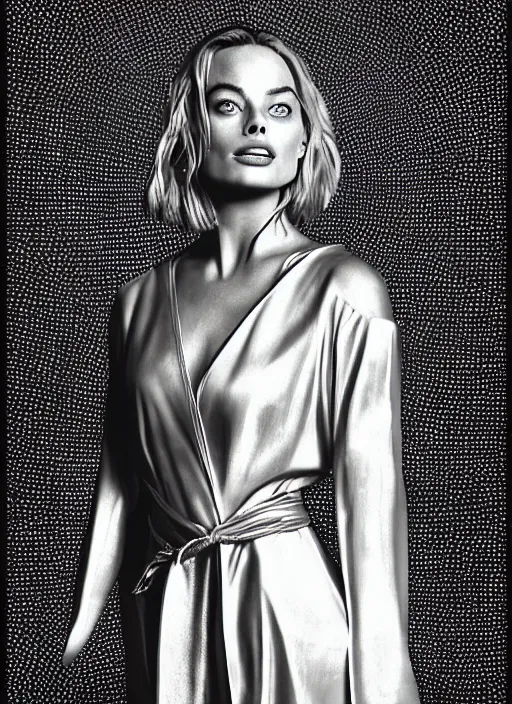 Prompt: detailed Illustration of stunning Margot Robbie in a Solarpunk leather robe, abstract sun in background, accurate anatomy, full body portrait, shiny skin, soft lighting, sharp details, warm colors, studio portrait, 35 mm film, subsurface scattering, lens flare