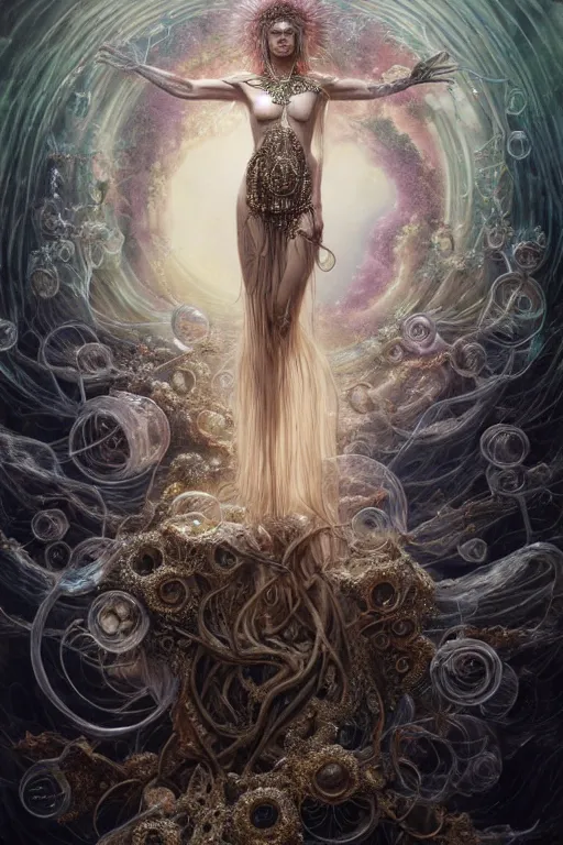 Image similar to a centered render of a wild post apocalyptic goddess with wearing ornate silver and gemstones and crystal clothing surrounded by flowing liquid gallium jellyfish and sacred geometry, perfect body and face, gorgeous, cinematic, beautifully lit, by tomasz alen kopera and peter mohrbacher, 3 d, trending on artstation, octane render, 8 k