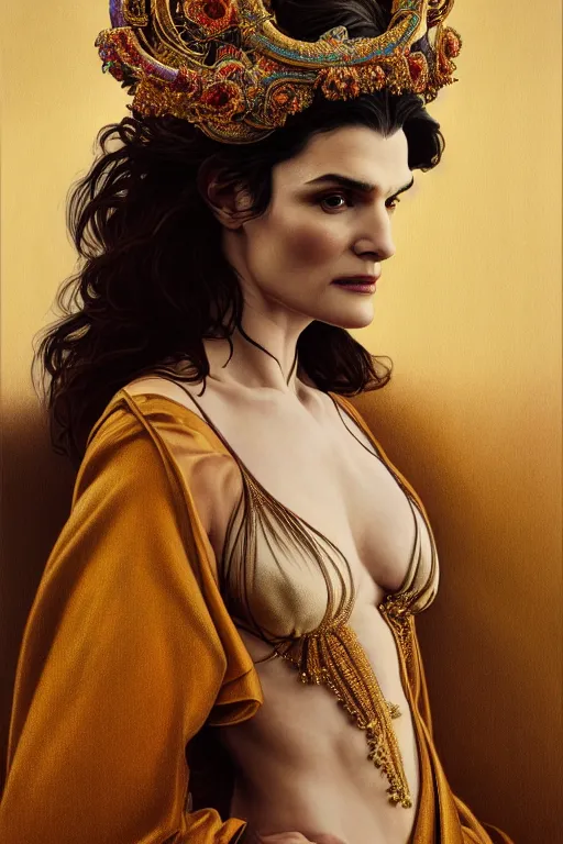 Image similar to body portrait of rachel weisz wearing a flowing silk robe, wearing an ornate ancient headress, by terry o'neill intricate, elegant, highly detailed, digital painting, artstation, concept art, smooth, sharp focus, bold lighting, deep colors, dark background, illustration, art by artgerm and greg rutkowski and alphonse mucha, 8 k,