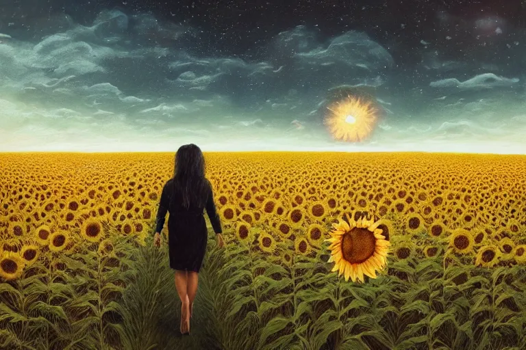 Image similar to giant sunflower as a head, girl walking in wheat field, hills, surreal photography, dark night, star trails, dramatic light, impressionist painting, clouds, digital painting, artstation, simon stalenhag