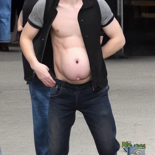 Prompt: Tom Holland with a big pregnant belly