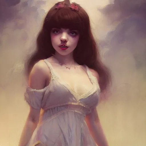 Image similar to melanie martinez, illustrated by greg rutkowski and gaston bussiere, cgsociety contest winner, artstation, portrait image, photorealistic facial features, 4 k, 8 k, volumetric lighting, white backdrop