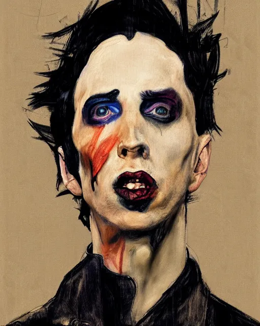 Prompt: portrait of marylin manson by greg rutkowski in the style of egon schiele