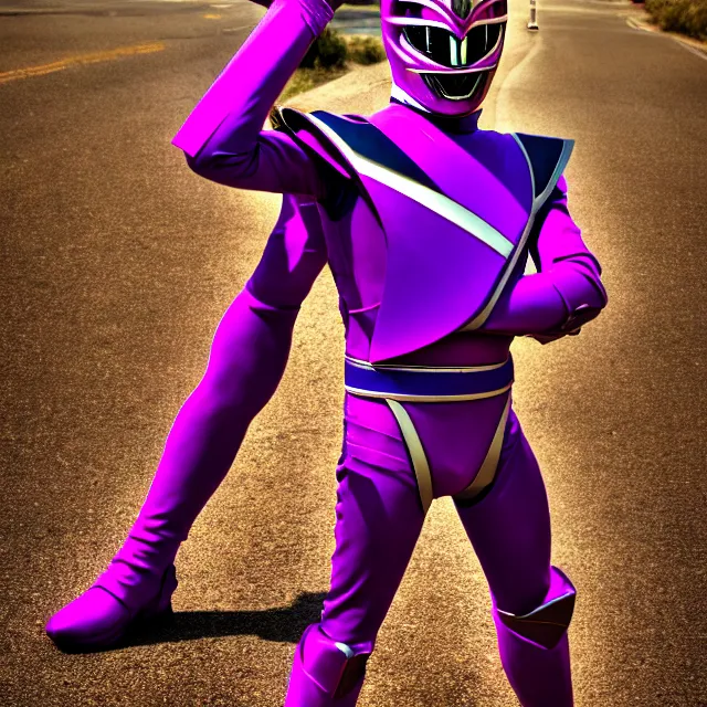 Prompt: purple power ranger, 8 k, hdr, smooth, sharp focus, high resolution, award - winning photo