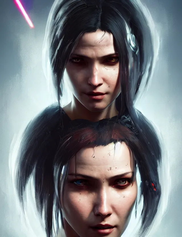 Image similar to close face portrait of a young female waitress as cyberpunk 2 0 7 7 concept art, art by ryo shiotani and greg rutkowski, intricate, beautiful, cute, cinematic lighting, vintage art by serge ivanoff, high resolution, very detailed