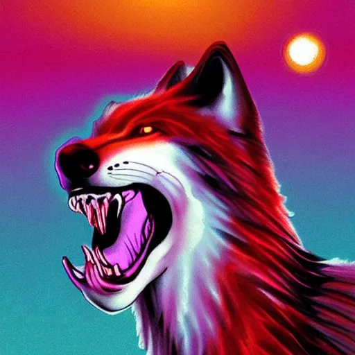 Prompt: wolf with blood coming out of its mouth, realistic, vaporwave