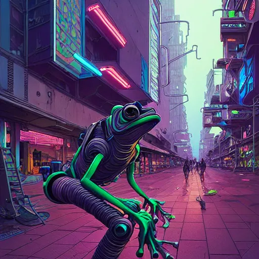 Image similar to A cyberpunk frog cyborg eats on the street of a cyberpunk city art by Josan Gonzalez, sci-fi, highly detailed, digital painting, artstation, smooth, sharp focus, illustration, concept art by Josan Gonzalez and James Gurney and Mœbius