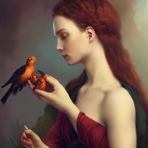 Image similar to a painting of a woman holding two birds, a character portrait by charlie bowater, featured on deviantart, pre - raphaelitism, pre - raphaelite, wiccan, deviantart