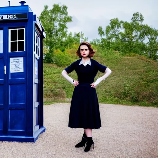 Image similar to a beautiful full body photograph of hayley atwell dressed as doctor who standing in front of the tardis, symmetrical face, extreme realism and detail, 8 k, completely framed, direct lighting, 3 5 mm photo, photorealistic, sharp focus