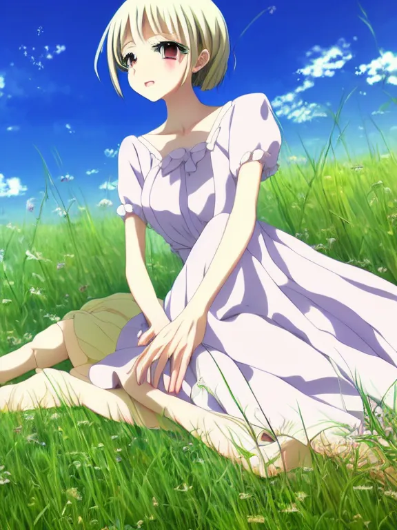 Prompt: anime art full body portrait character concept art, anime key visual of an elegant young woman wearing a sundress, medium length hair and large eyes, finely detailed perfect face delicate features directed gaze, laying down in the grass at sunset in a valley, trending on pixiv fanbox, studio ghibli, extremely high quality artwork