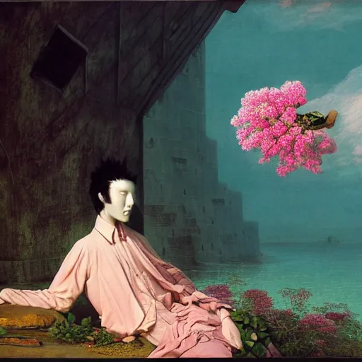 Image similar to David Friedrich, award winning masterpiece with incredible details, Zhang Kechun, a surreal vaporwave vaporwave vaporwave vaporwave vaporwave painting by Thomas Cole of an old pink mannequin head with flowers growing out, sinking underwater, highly detailed