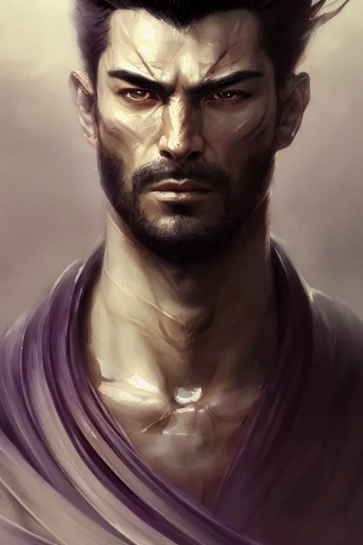 Prompt: highly detailed centered face portrait of a handsome and muscular ronin, square masculine facial features, short messy hair, surrounded by fog, art by greg rutkowski and artgerm and peter mohrbacher, intricate, samurai, concept art, purple color palette, digital painting, trending on artstation, smooth, sharp focus, vibrant colors