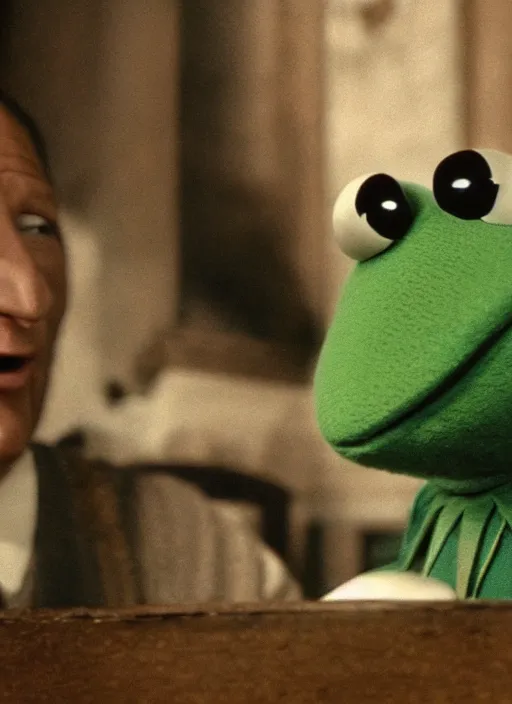 Prompt: film still of Kermit the frog as Oskar Schindler in Schindler's List, 4k