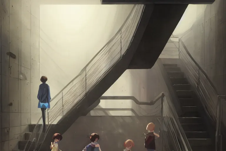 Image similar to a contemporary painting of a dark deep long down staircase at the end there is an illuminated door with a sign, on the right and left handrails lead down the stairs in the lower half of the picture by Studio Ghibli, Makoto Shinkai, by Artgerm, by WLOP, by Greg Rutkowski, volumetric lighting, cyberpunk, octane render, 4K resolution, trending on artstation, masterpiece