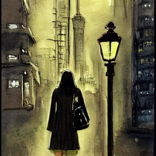 Prompt: dark city bus stop, ghibli style in wet on wet watercolor, very detailed,ArtStation