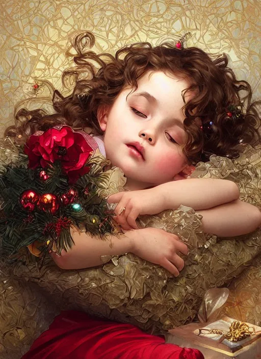 Prompt: two year old girl with short wavy curly hair, asleep at christmas. surrounded by gifts. high quality detailed face. beautiful painting by artgerm and greg rutkowski and alphonse mucha