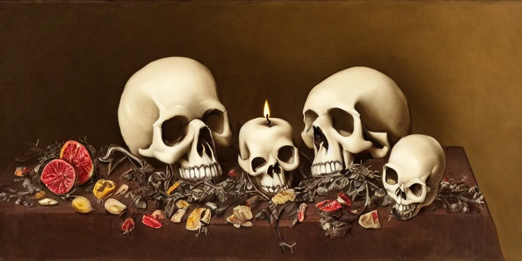 Image similar to still life painting with a skull on a silver platter, dead flowers, rotten fruit, lit by a single candle