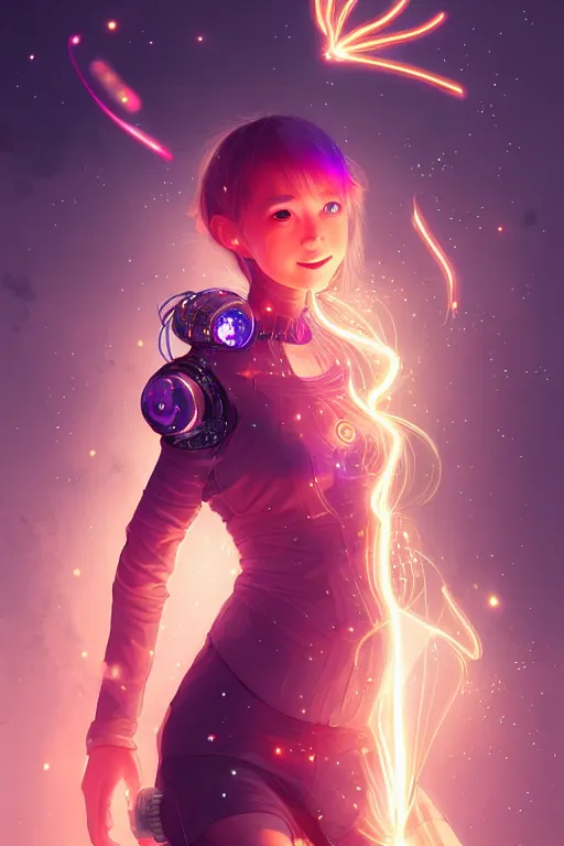 Image similar to portrait futuristic wizard Girl with fire and sparkles and firefly, lovely smile, in future cyberpunk tokyo rooftop , ssci-fi, fantasy, intricate, very very beautiful, elegant, human anatomy, human structure, neon light, highly detailed, digital painting, artstation, concept art, smooth, sharp focus, illustration, art by tian zi and WLOP and alphonse mucha