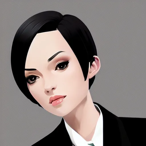 Image similar to slim girl in tuxedo with short black hair, elegant, 2d, ultra highly detailed, digital painting, smooth, sharp focus, artstation, portrait art by Ilya Kuvshinov