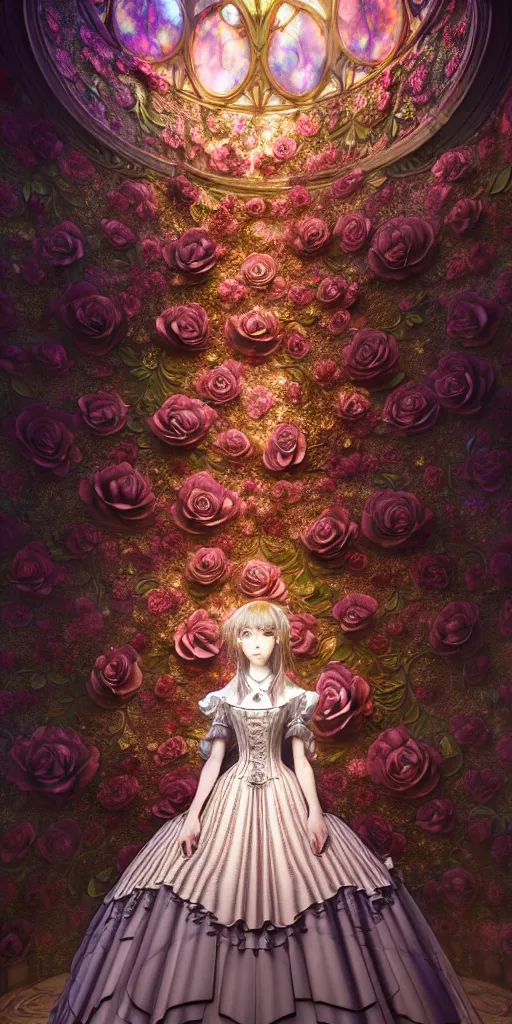 Image similar to the beautiful hyperdetailed physical rendering of a single rose flower wedding gothic lolita dress clothing design display in show in front of your eyes, perfectly shaded, atmospheric lighting, in the style of makoto shinkai, raphael lacoste louis comfort tiffany, artgerm, karol bak, ross tran, 8 k hd, fine texture structure, 3 drender,