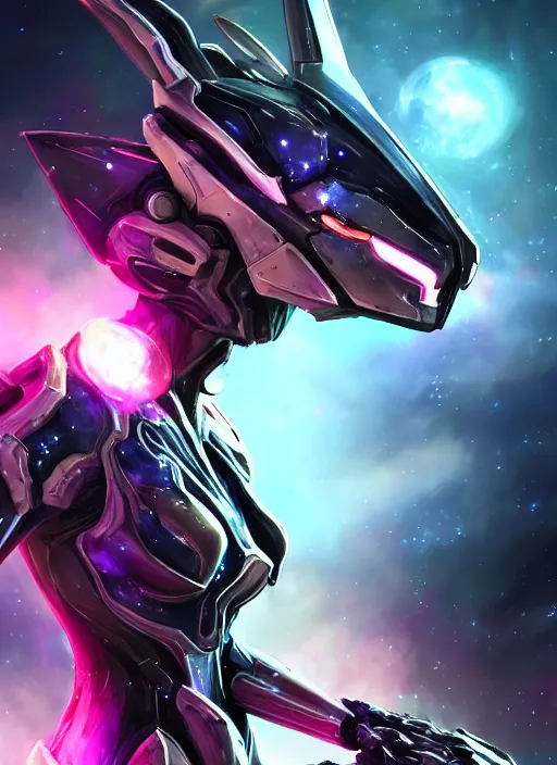 Prompt: cinematic shot, cosmic sized perfectly proportioned stunning beautiful hot female warframe, robot mecha female dragon head, mecha deagon maw, silver armor, fuschia leds, floating in empty space, nebula sized, holding a galaxy, epic proportions, epic size, epic scale, furry art, dragon art, giantess art, warframe fanart, furaffinity, deviantart