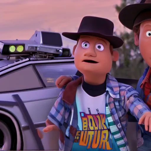 Prompt: a high quality 4k still frame from the 2023 Pixar animated remake of back to the future