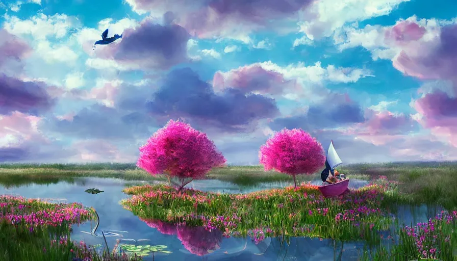 Image similar to a garden gnome sails across a pond in a bucket, dramatic pink clouds, blue sky, jessica rossier, art station