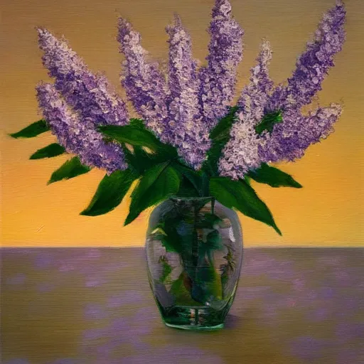 Prompt: a vase full of lilacs on a table at sunset, art, trending on artstation