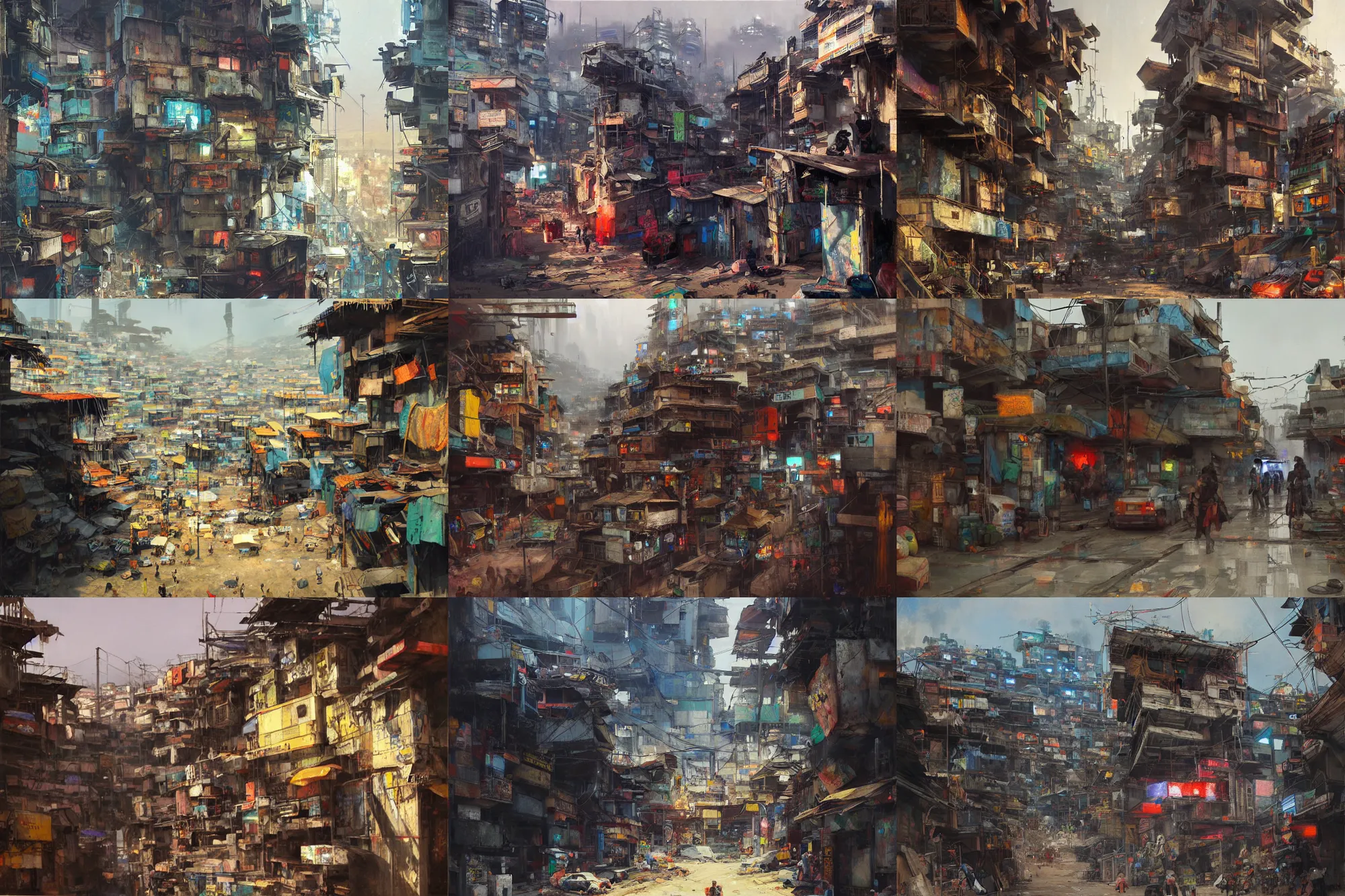 Prompt: painting of a cyberpunk town of favelas, shanty town, by ruan jia