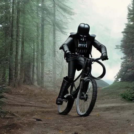 Image similar to Darth Vader from Start Wars riding a mountain bike