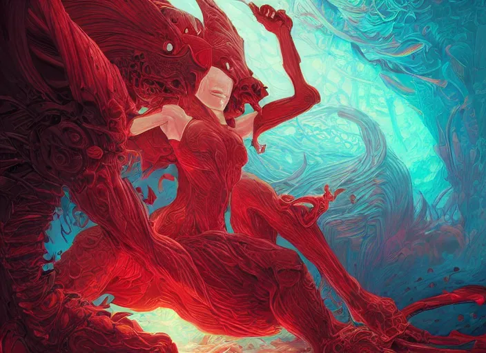 Image similar to woman loves and sit upon a scarlet coloured beast, pain, light effect, hyper detailed, intricate, elegant, highly detailed, digital painting, artstation, concept art, matte, sharp focus, illustration, by dan mumford, yusuke murata, makoto shinkai, ross tran