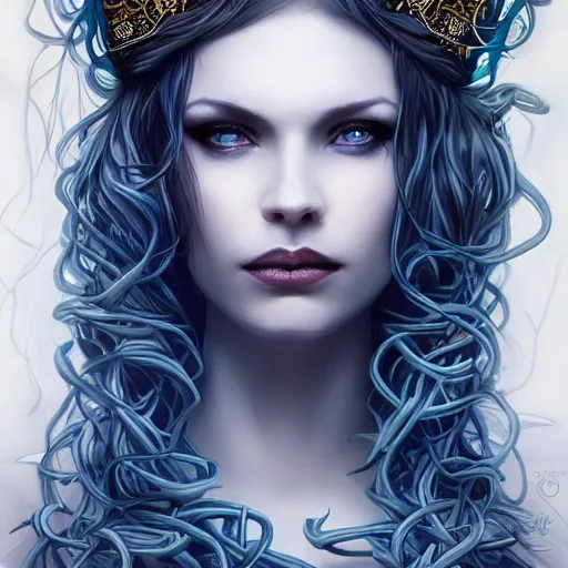 Image similar to detailed portrait of the dark queen of snakes, realism, dim moonlight, pale blue, emerald, sapphire, wearing a crown of vines and vipers, dark fantasy illustration, dramatic lighting, cgsociety, artstation