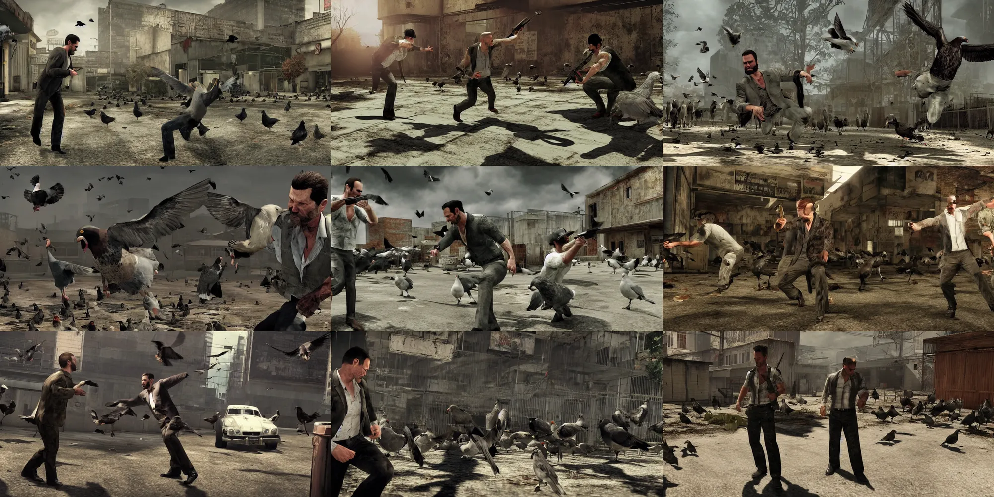 Prompt: A promo screenshot from Max Payne 4: The Flight of Max Payne, which features Max Payne becoming a famous pigeon rancher in post-collapse America. Max Payne is forced to fight for his flock across the nation when a band of rustlers rudely disrupt his operation. Little does Max know- not all pigeons are friendly!