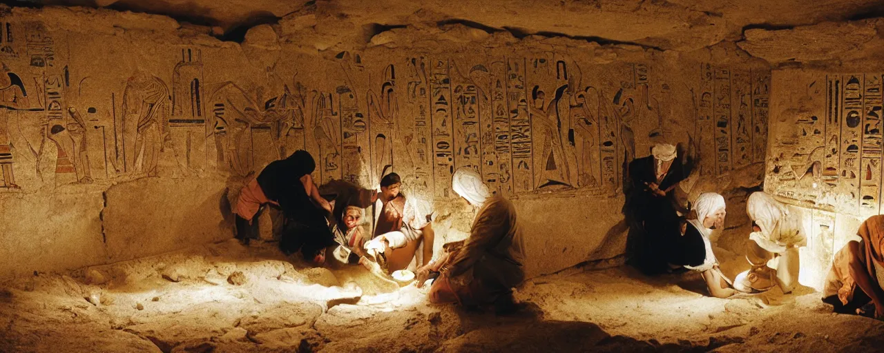 Image similar to ancient egyptians discovering a tomb inside a pyramid made of spaghetti, national geographic, canon 5 0 mm, cinematic lighting, photography, retro, film, kodachrome