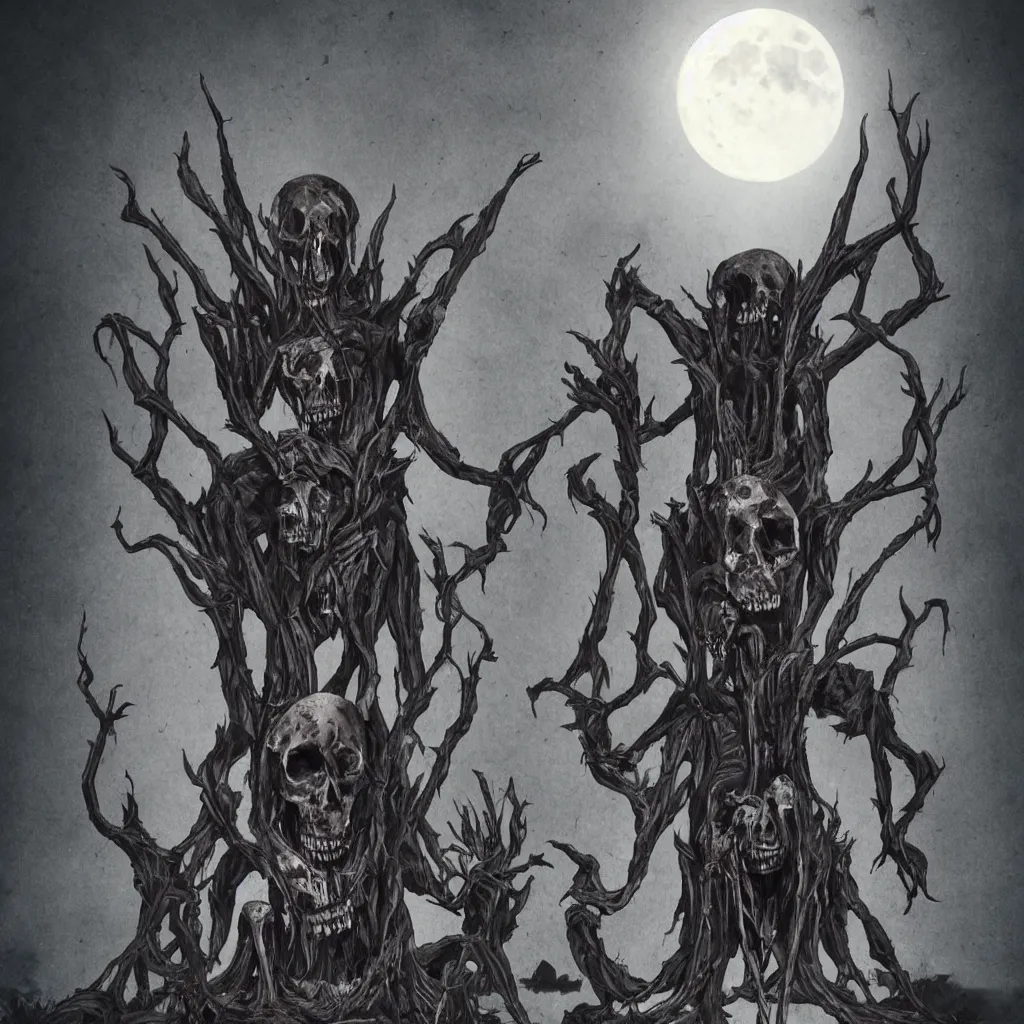 Image similar to creepy dark tall creature sitting on a throne made of skulls, moonlight