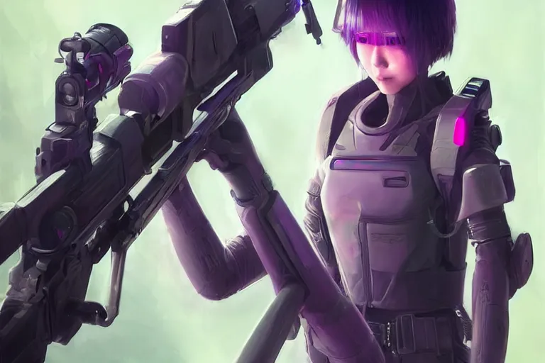 Image similar to young female japanese sniper holding a railgun sniper rifle, short purple haircut, neon, cyberpunk, futuristic, full cybernetic combat suit, stunning, highly detailed, digital painting, smooth, soft focus, illustration, ghost in the shell, 4 k digital art from artstation by artgerm and greg rutkowski and wlop