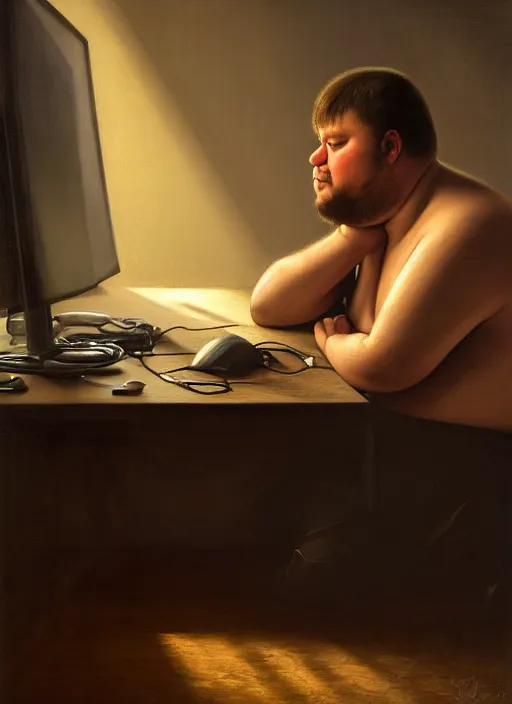 Image similar to insanely detailed chiaroscuro image of a exhausted - looking slightly fat casually - dressed programmer guy on his knees facing his glowing ultrawide computer monitor monitor begging it for forgiveness, oil on canvas, masterwork, fine detail, trending on artstation, emotive, insanely compelling, ryden, greg rutkowsky, moebius