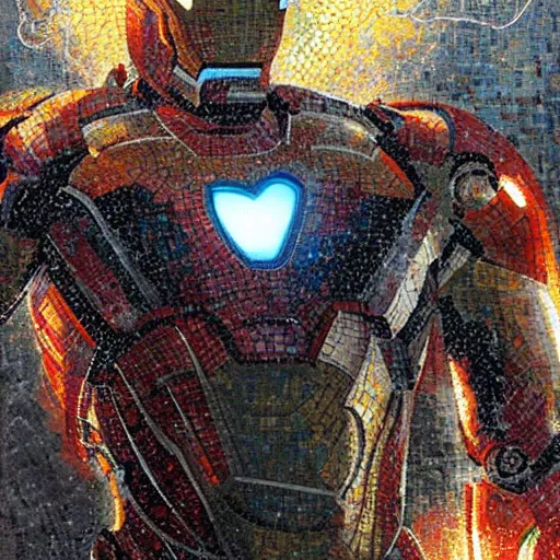 Image similar to mosaic portrait of iron man falling into the sky by greg rutkowski, 4k, intricate details, dichotomy