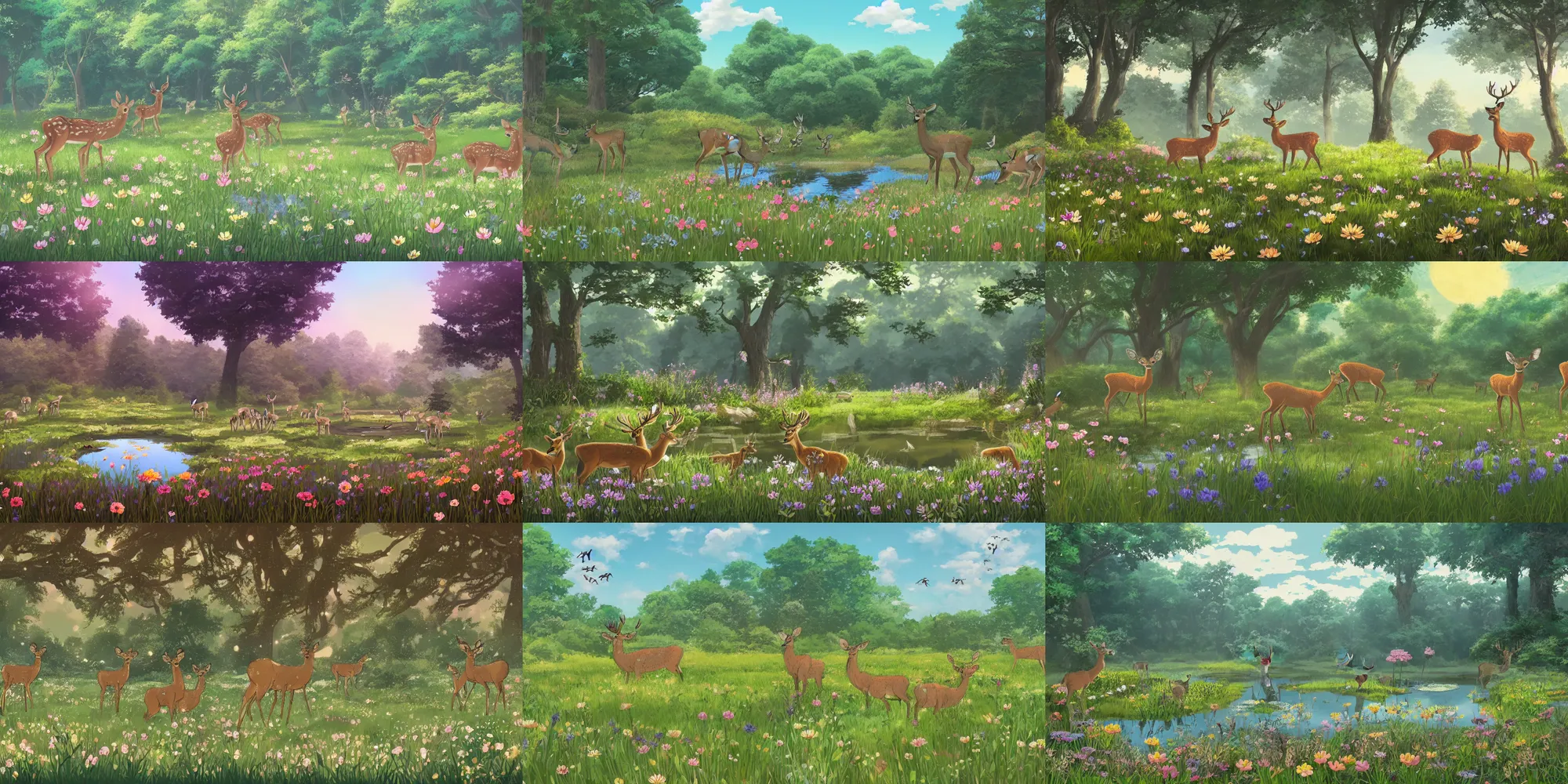 Prompt: flowery meadow with three deers and a pond and background forest, evening, highly detailed, low angle view, studio ghibli, artstation