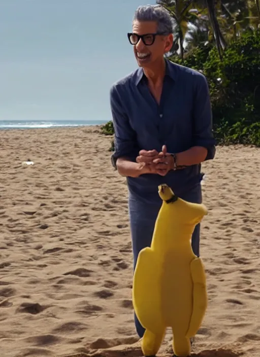 Image similar to jeff goldblum as a banana on the sand of a beach