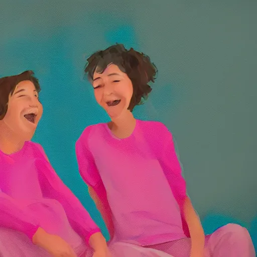 Prompt: two friends sitting and laughing on a cozy pink comforter. digital art, 4K, oil painting