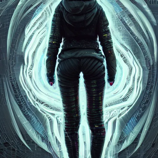 Image similar to detailed portrait of a skilled magic deepdream guardian bimbo cyberpunk futuristic, reflective puffer jacket, black leggings from the back radiating a glowing aura by ismail inceoglu dragan bibin hans thoma, perfect face, fine details, realistic shaded, fine - face, pretty face