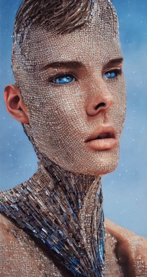 Prompt: hyperrealism oil painting, close-up portrait of cyborg fashion model, sand dunes pattern mixed with night sky, in style of classicism